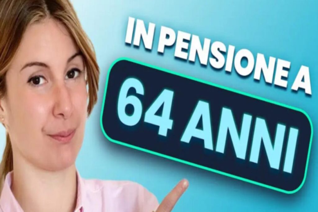Donna mostra scritta Pensione anticipata 64 anni