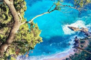 Vista su acque azzurre e vegetazione