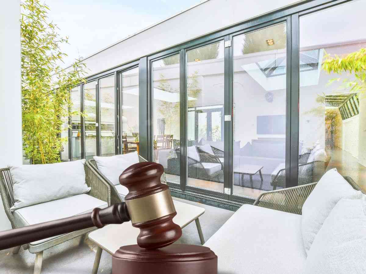 sfondo veranda in condominio e martelletto del giudice