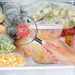 alimenti nel congelatore e lente d'ingrandimento con scritta no