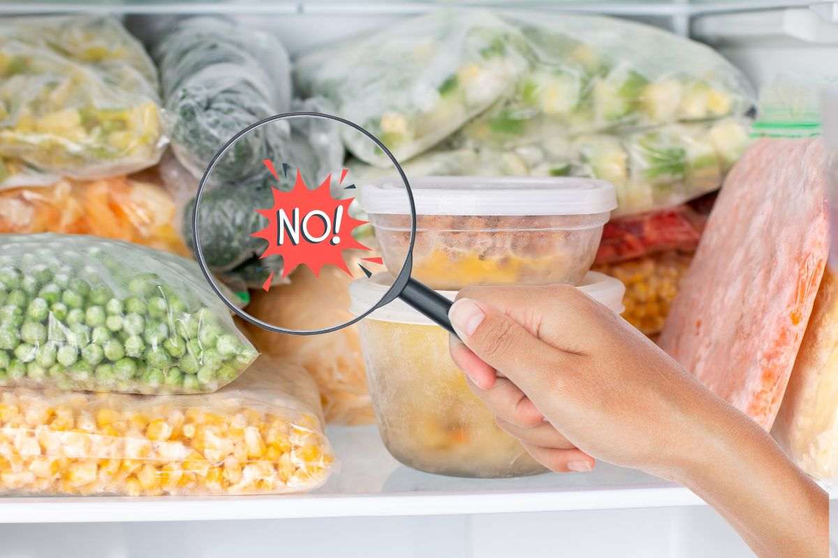 alimenti nel congelatore e lente d'ingrandimento con scritta no