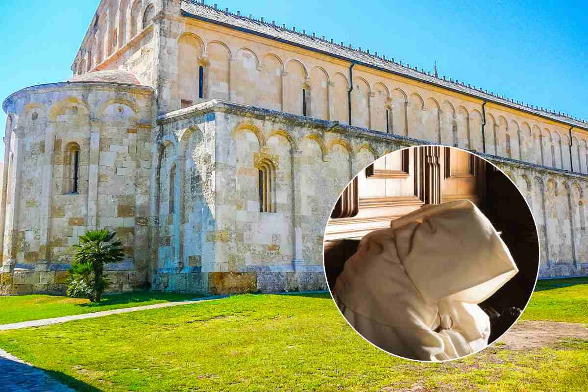collage basilica di san cavino e immagine di un monaco