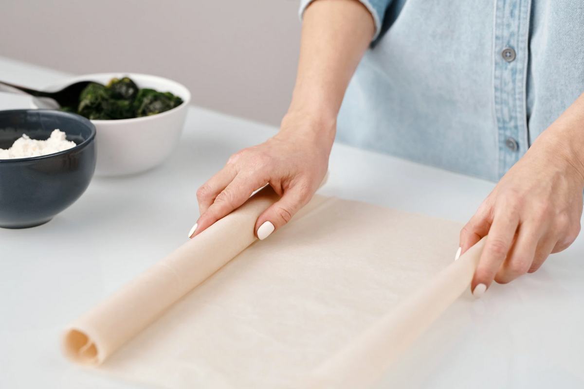 Donna che srotola carta da forno