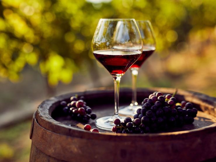 calici di vino rosso in botte con uva