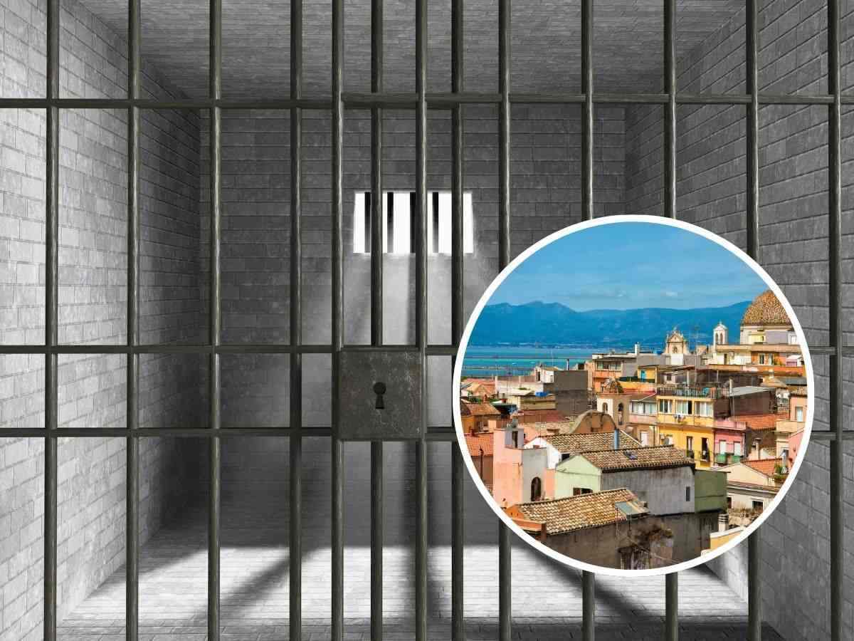 sfondo cella carcere e tondo con città di Cagliari