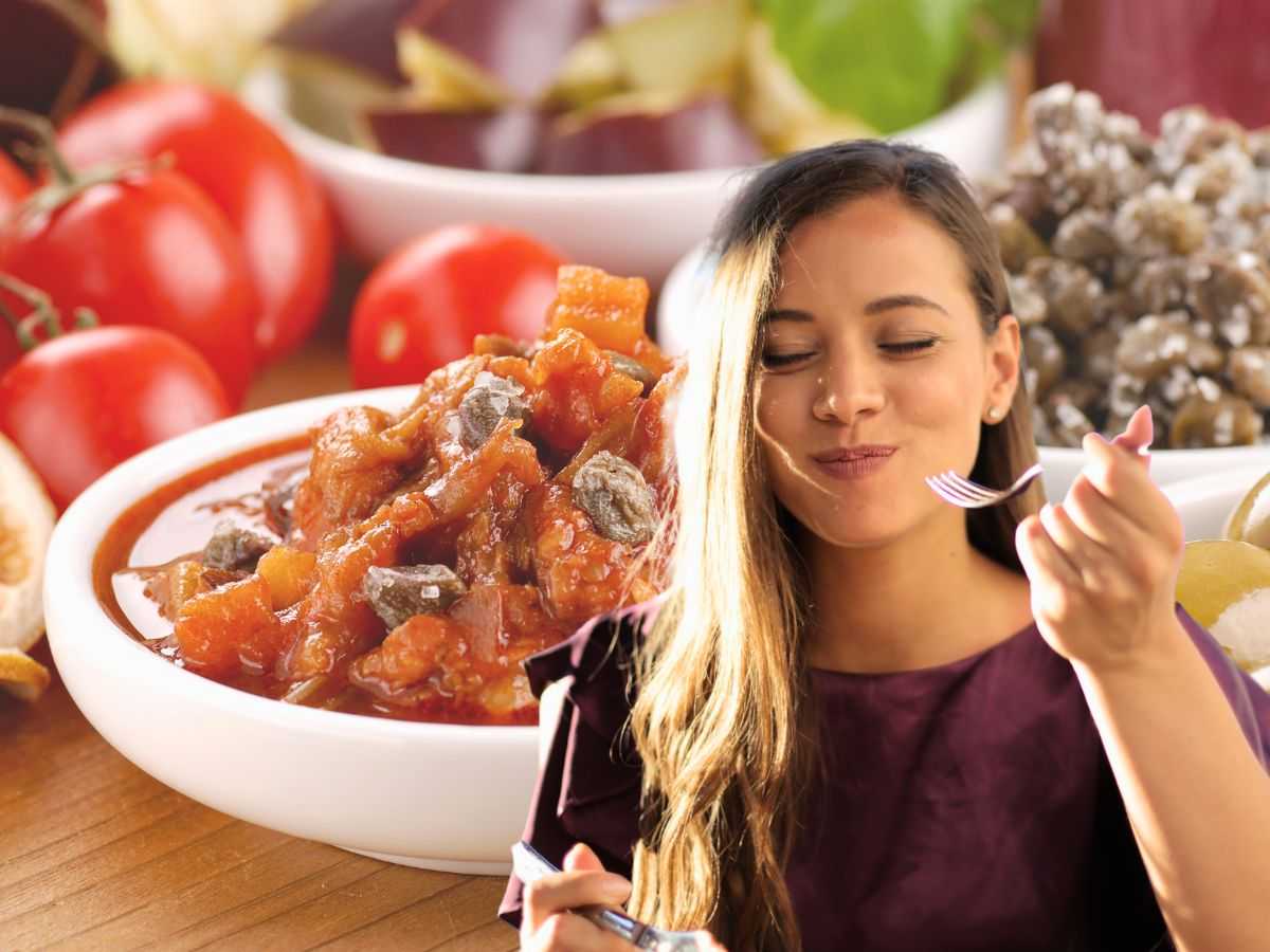 sfondo caponata su tavola e ragazza che mangia