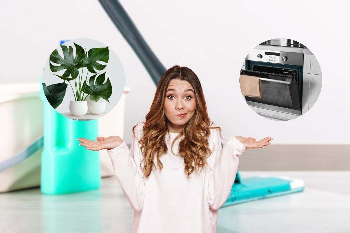 donna dubbiosa, pavimento, piante e forno