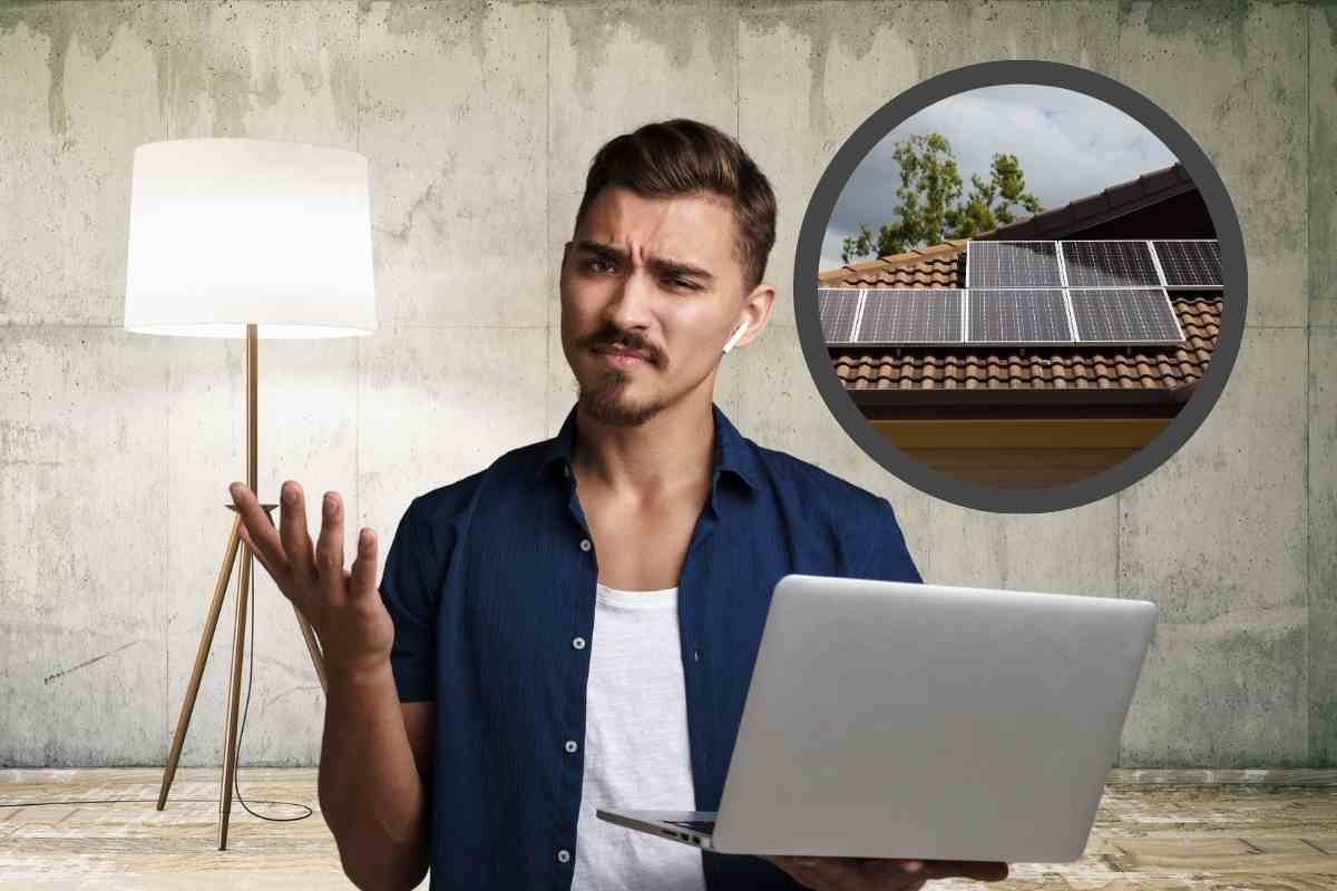 Uomo perplesso e pannelli fotovoltaici