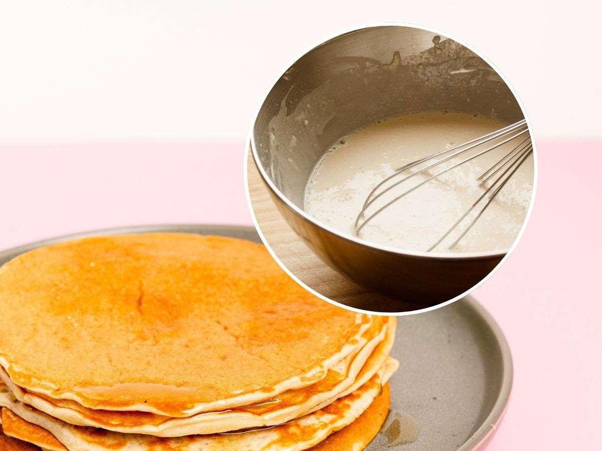 sfondo pancake e tondo con impasto liquido in ciotola con frusta