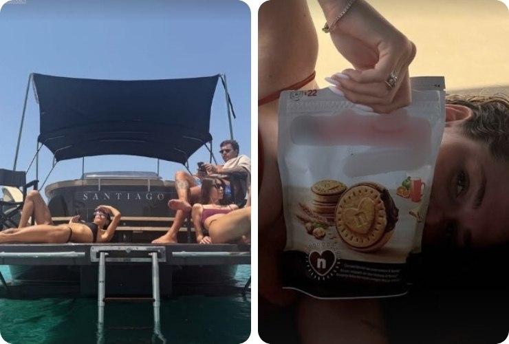 Stefano De Martino in barca con ragazze, Caroline Tronelli con pacco biscotti