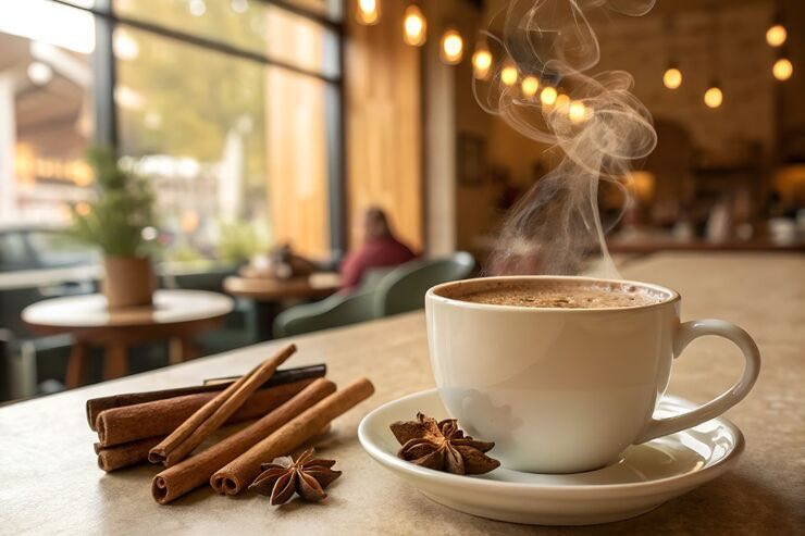 Tazza di caffè fumante e stecche di cannella e anice stellato di fianco
