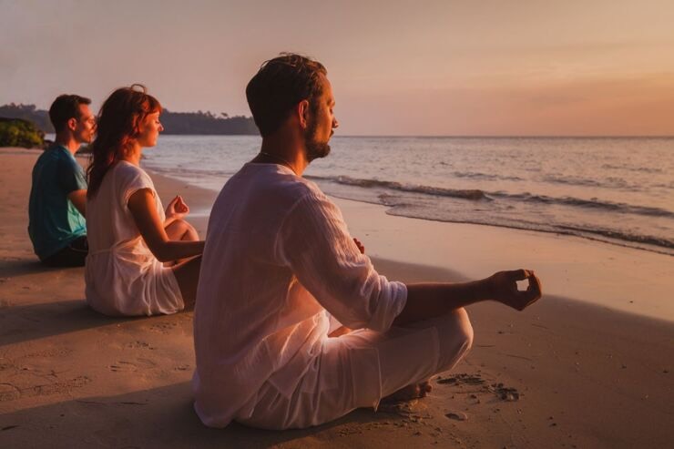 Due uomini e una donna che fanno meditazione sulla spiaggia