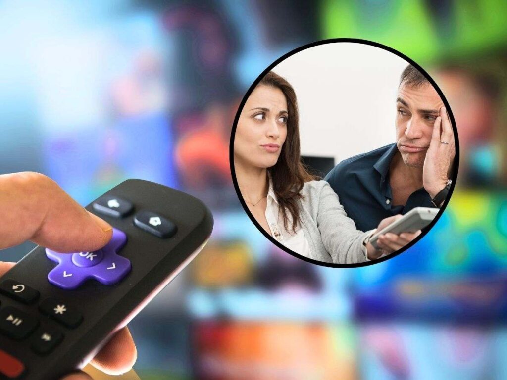 sfondo mano con telecomando che cambia canale e tondo con persone che si guardano
