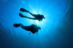 Due persone immerse in acqua con attrezzatura da sub