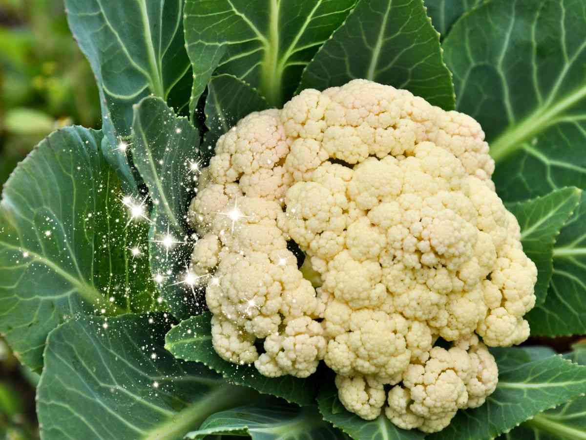cavolfiore a foglie larghe e luci che lo illuminano
