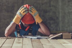 lavoratore con mani in testa triste