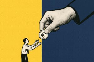 Illustrazione mano gigante che da una moneta a lavoratore piccolo