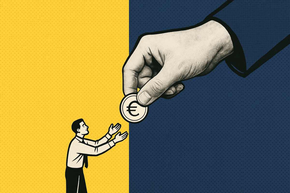 Illustrazione mano gigante che da una moneta a lavoratore piccolo