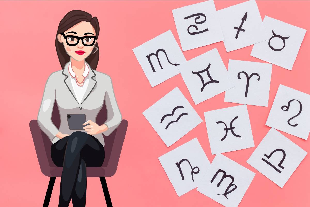 Disegno della psicologa e simboli dei segni zodiacali