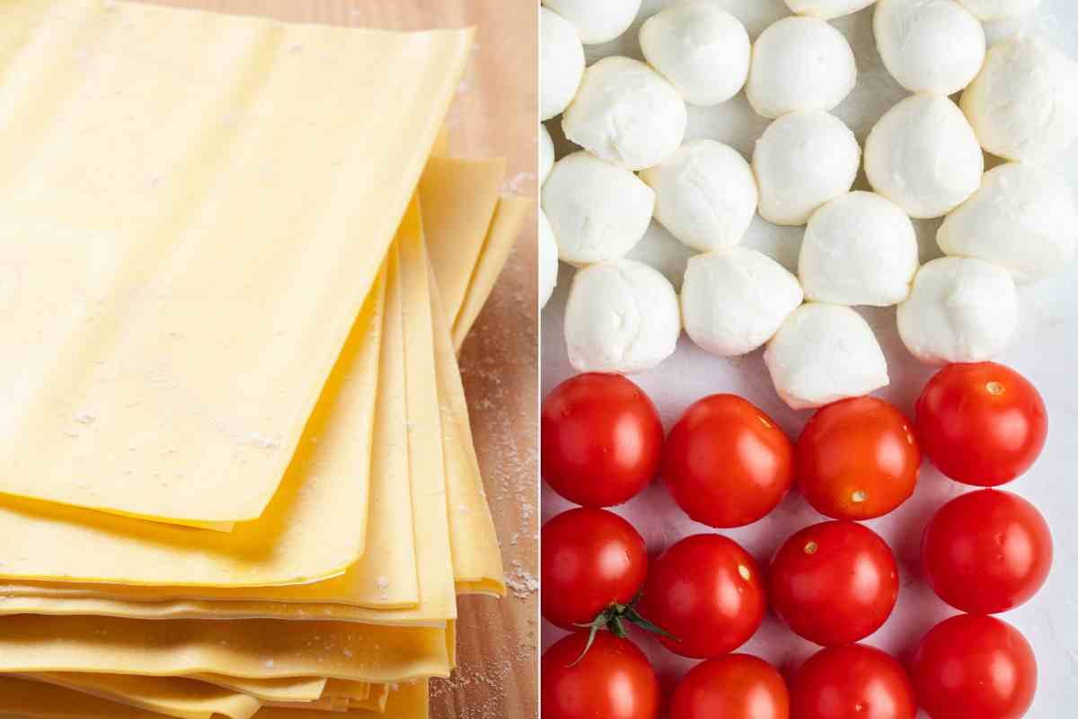 Lasagna, pomodori e mozzarella