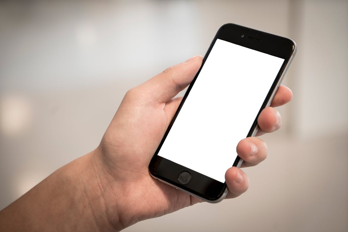 cellulare con schermo bianco tenuto in mano