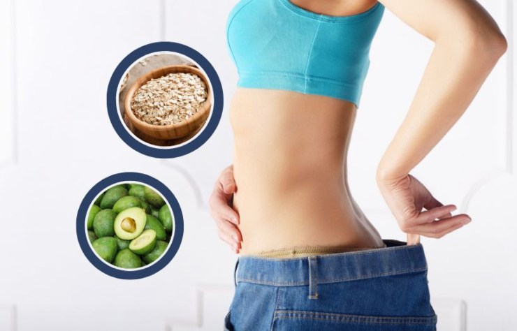 donna magra con la pancia piatta e nei riquadri fiocchi di avena e avocado