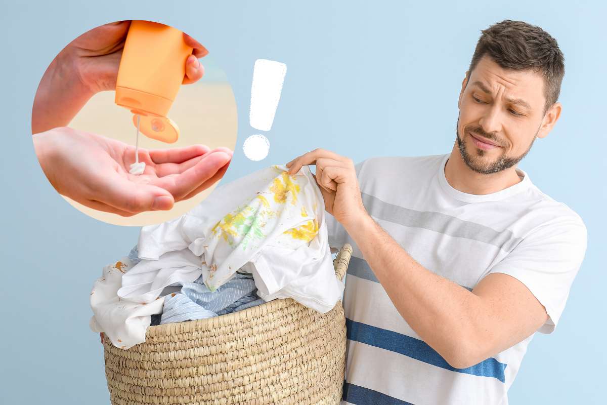 uomo con cesto di vestiti macchiati e crema solare